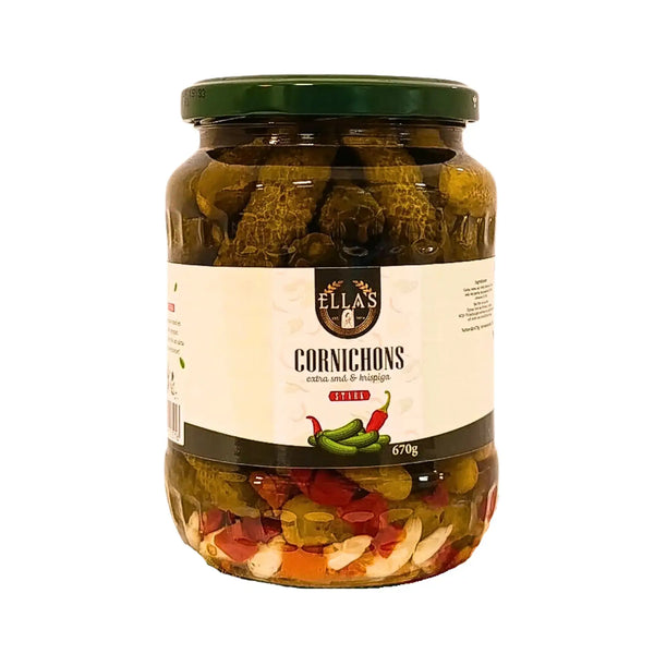 Burk med extra små, krispiga cornichons, chili och vitlök, Ellas 670g.