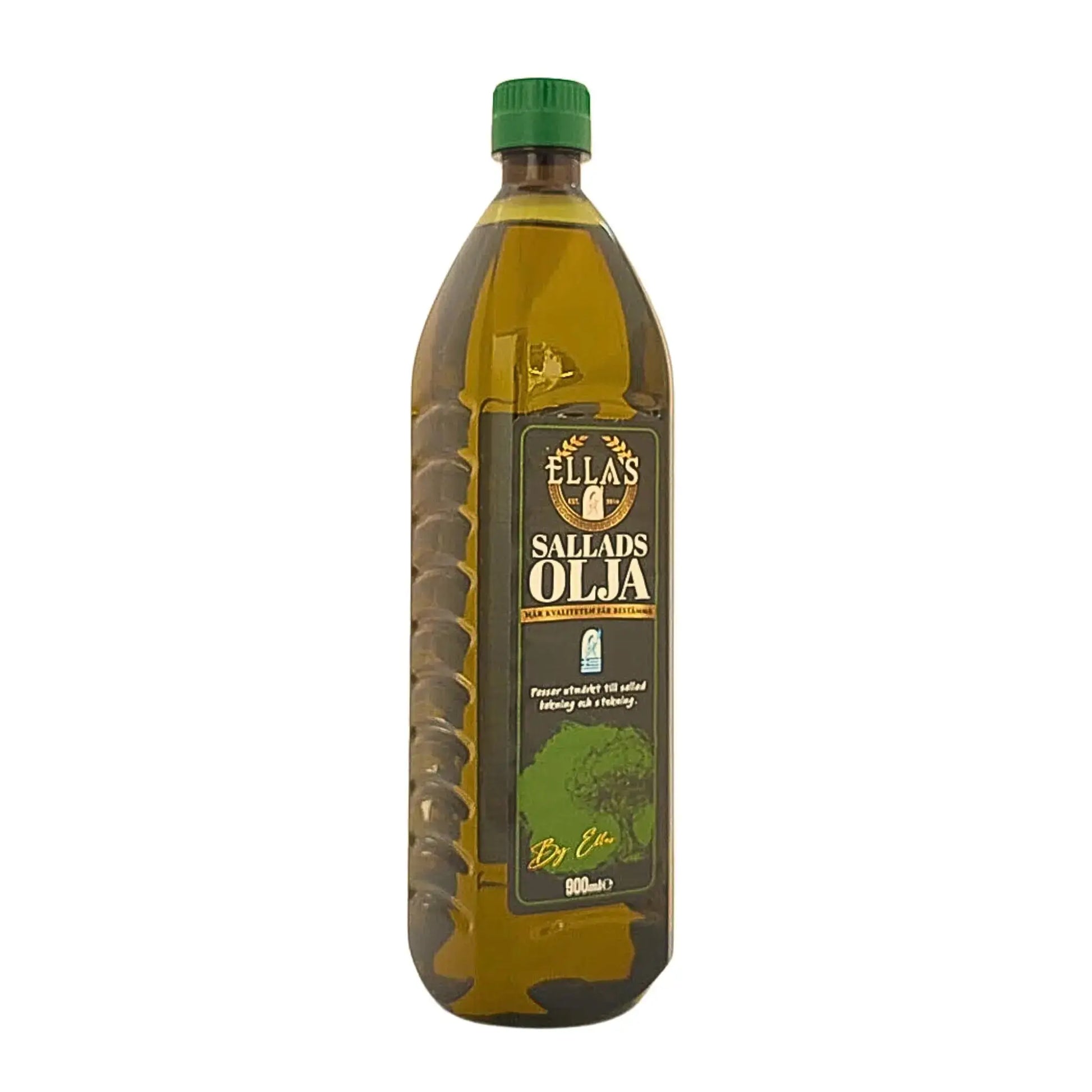 Flaska med Ellas salladsolja 900 ml, grön kork och tydlig etikett, för sallad och matlagning.