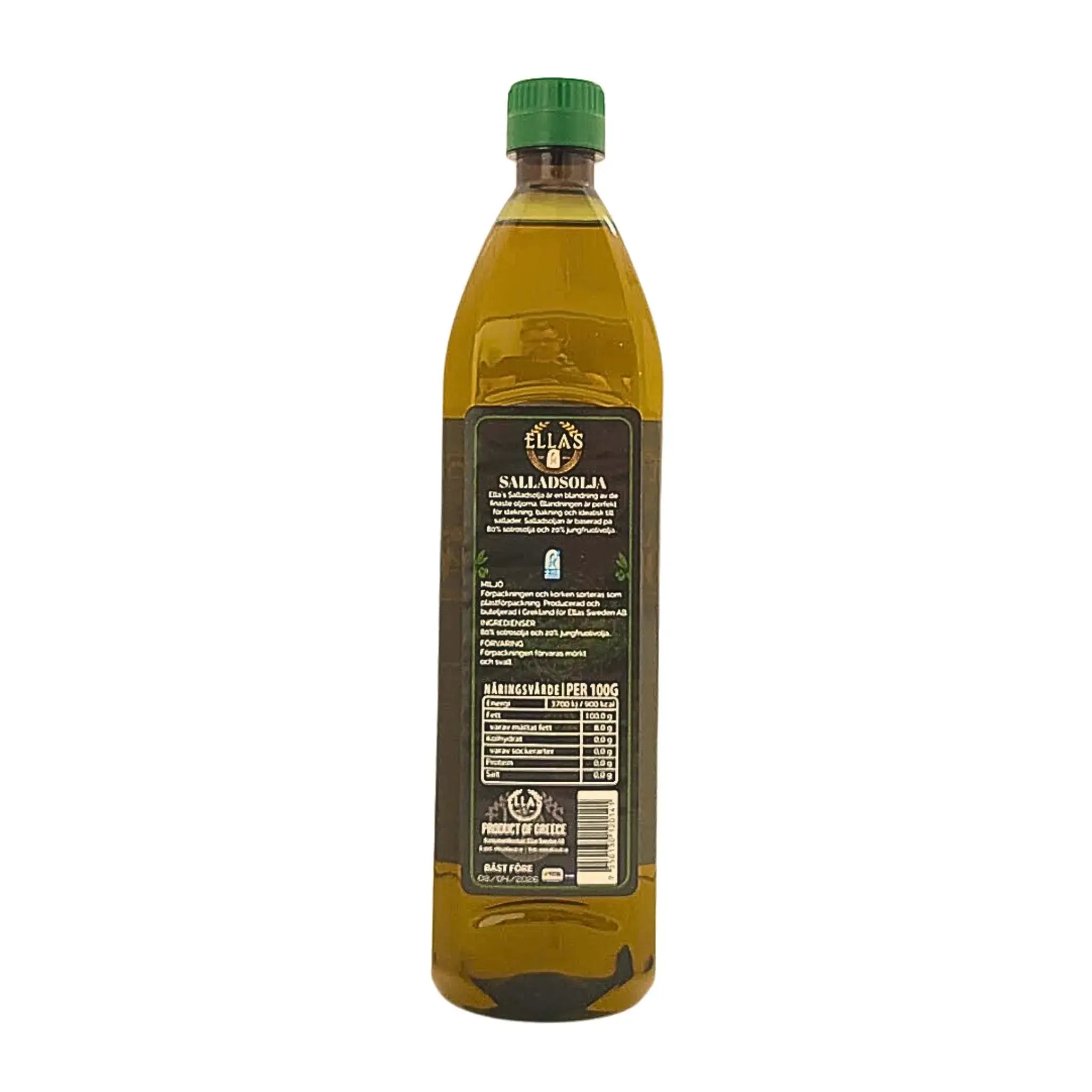 Flaska Ellas salladsolja 900 ml med grön kork, tydlig etikett och näringsinformation