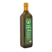 Flaska med vitaolivolja 750 ml, mörk glasflaska med grön etikett, orientaliska livsmedel.