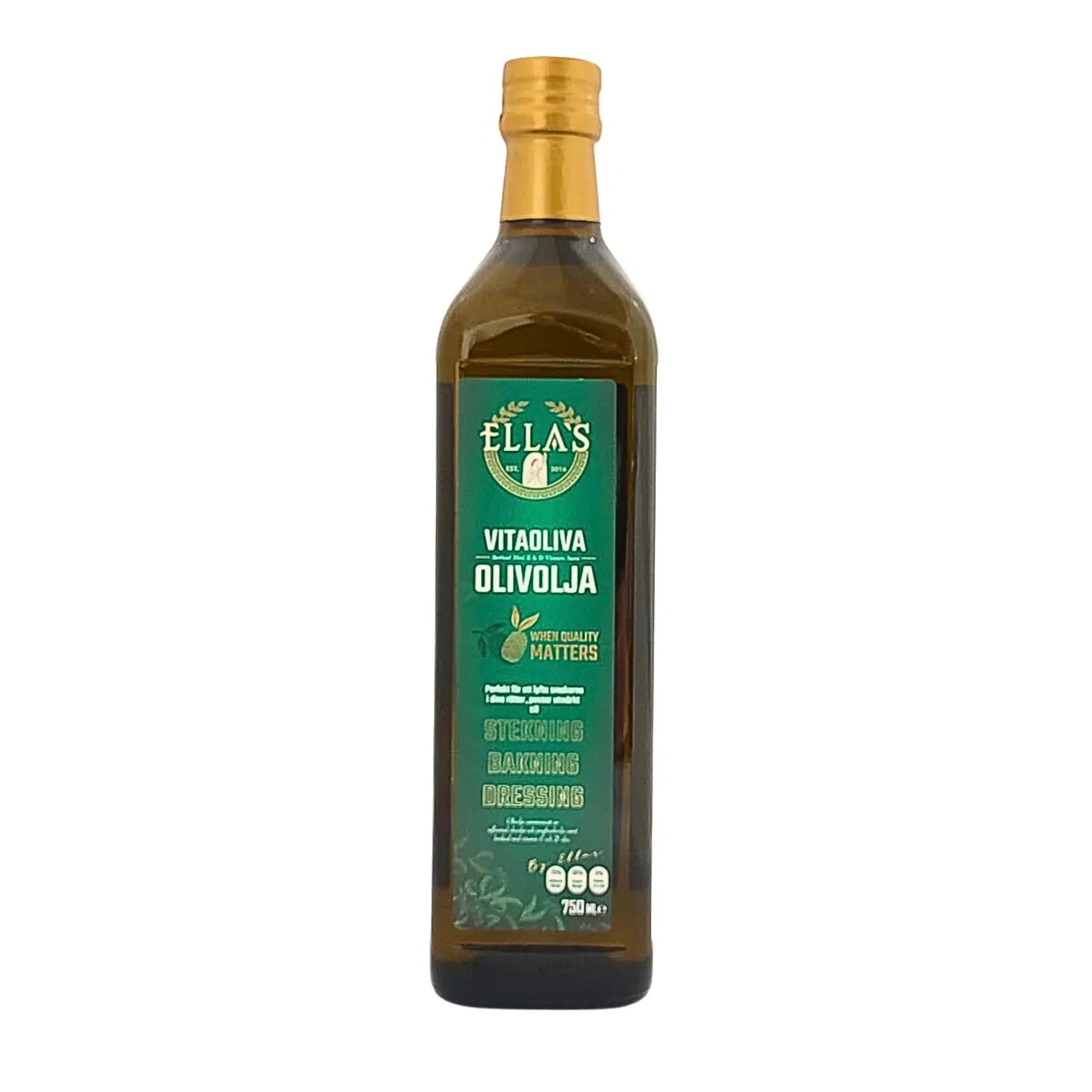 Flaska med vit olivolja 750 ml, grön etikett, för stekning och sallad