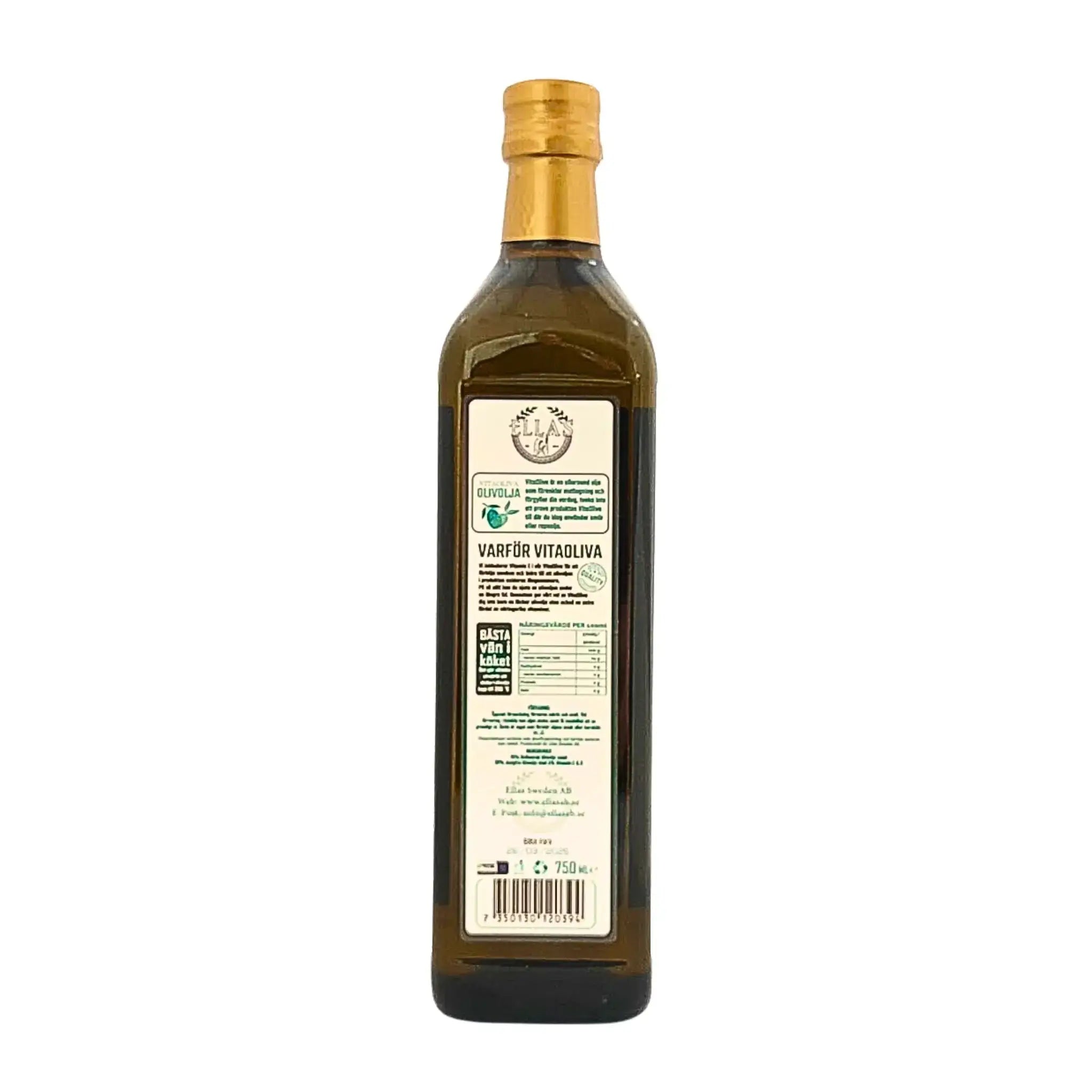 750ml flaska med olivolja, näringsinnehåll och etikett på baksidan, vit bakgrund