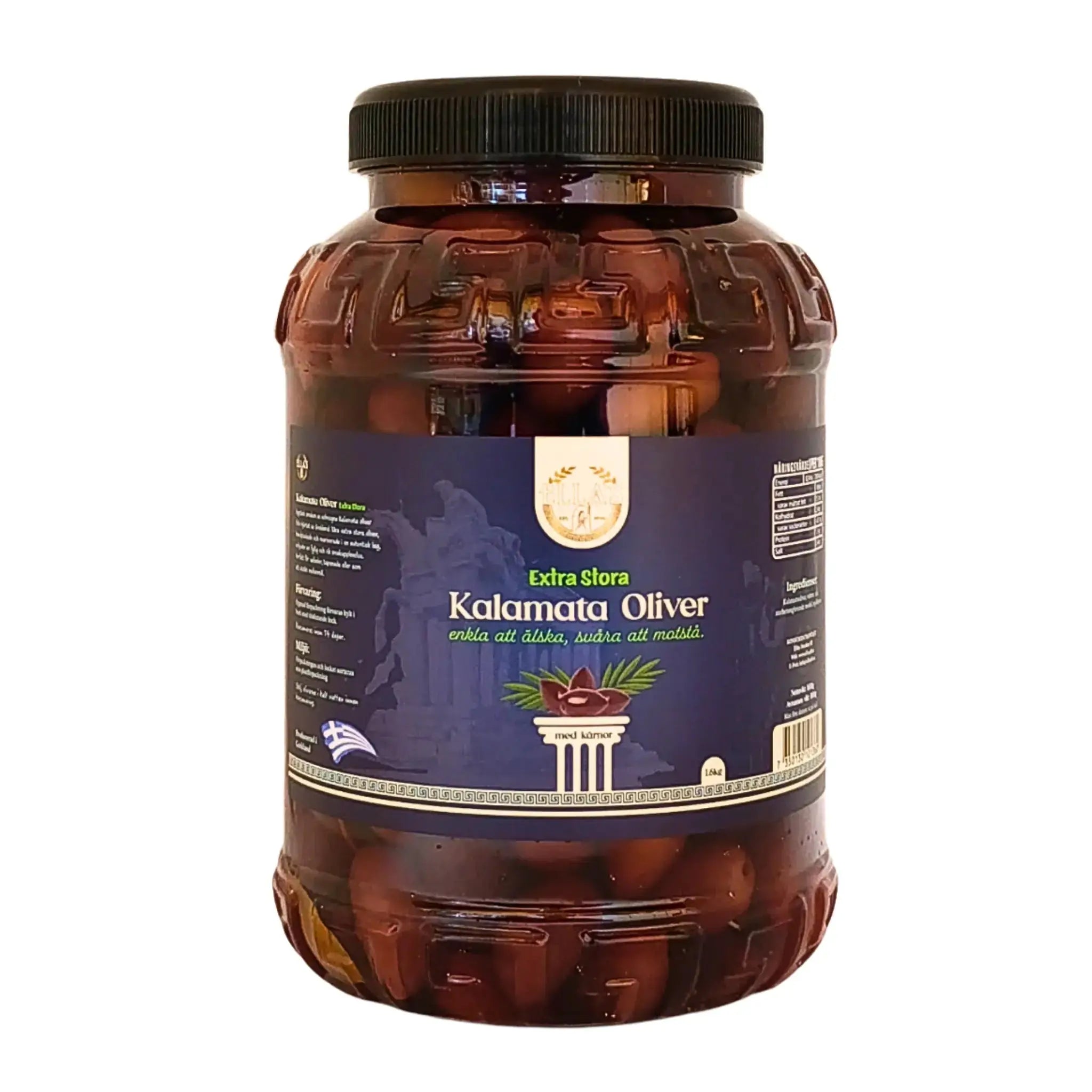 Stor burk extra stora Kalamata oliver med svart lock, grekisk etikett