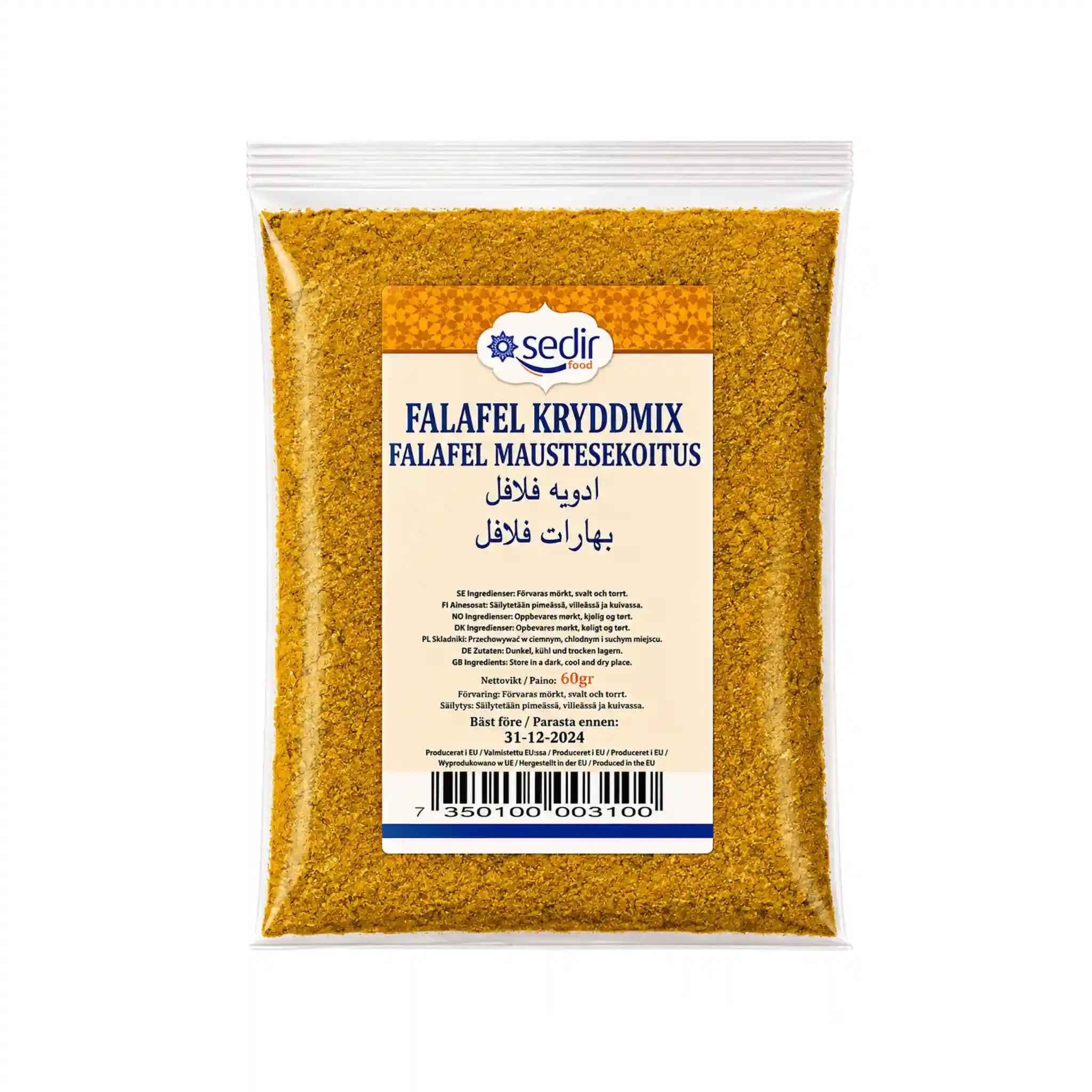 Falafel kryddmix i förseglad påse med Sedir-etikett, gul pulverblandning