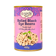 Burk med kokta svartögda bönor 400g, orientaliska bönor med rik smak på vit bakgrund.