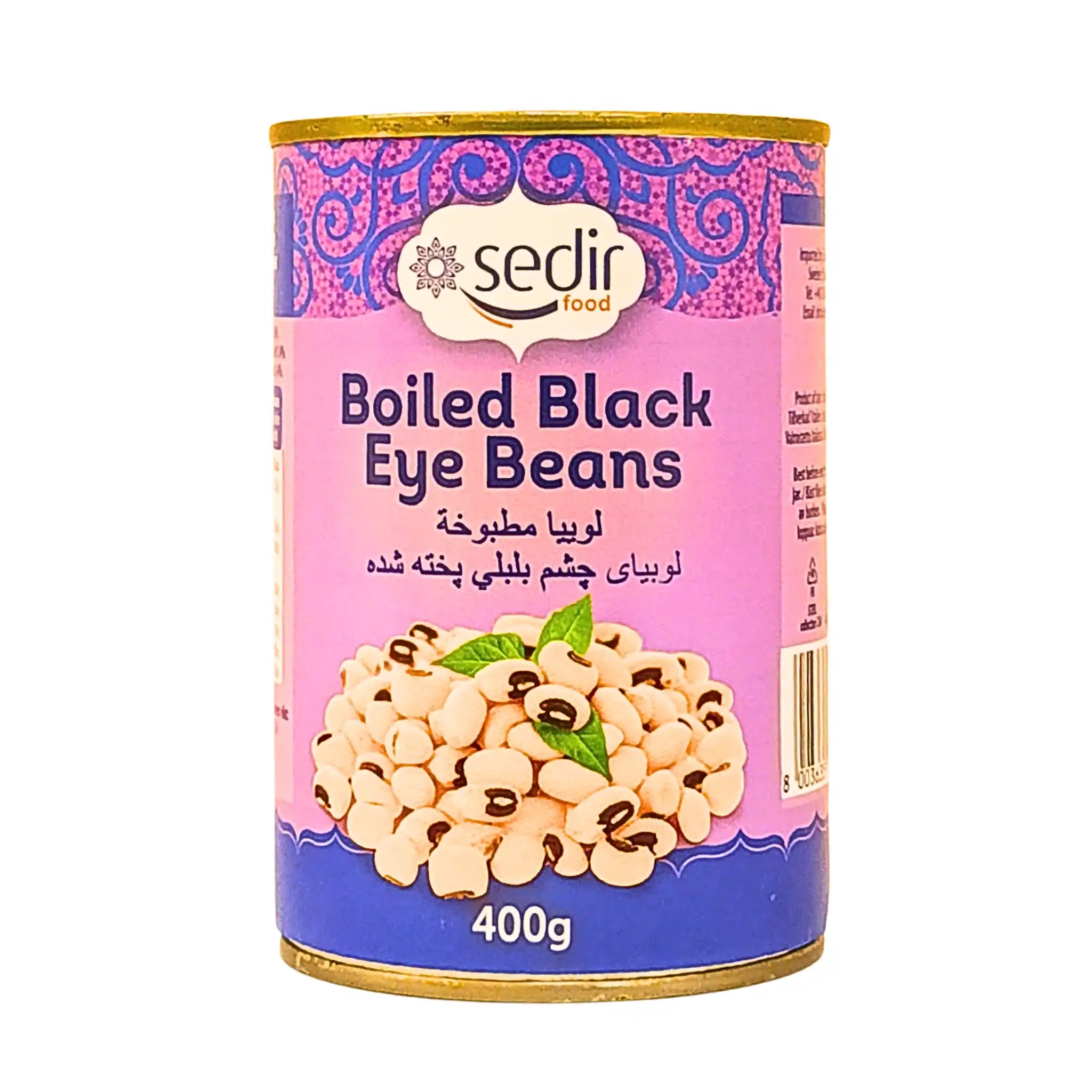 Burk med kokta svartögda bönor 400g, orientaliska bönor med rik smak på vit bakgrund.