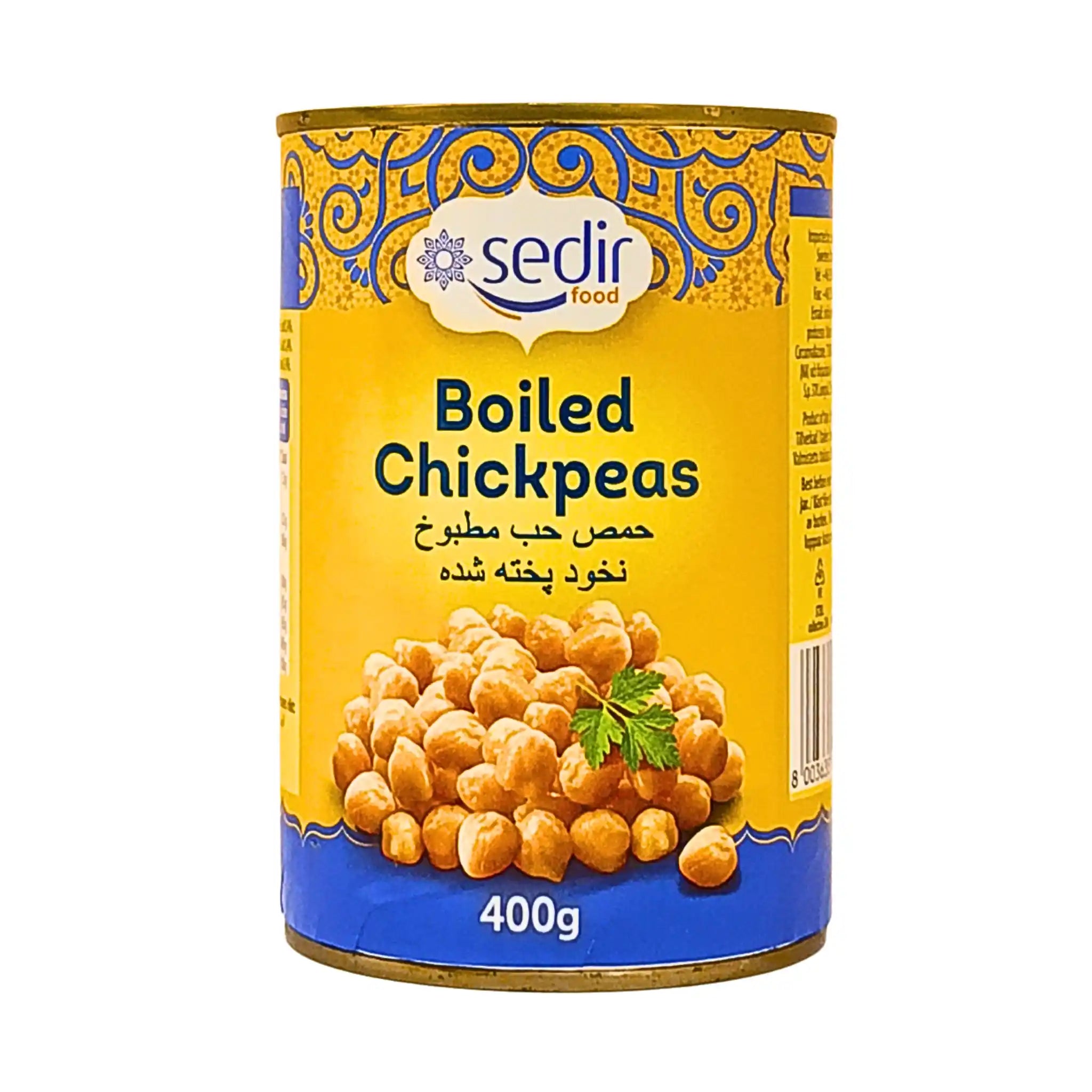 Burk med kokta kikärtor 400g, Sedir, orientaliska konserver på gul bakgrund