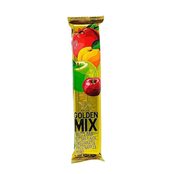 Fruktläder Golden Mix bar med granatäpple, aprikos, äpple och körsbär på gul förpackning