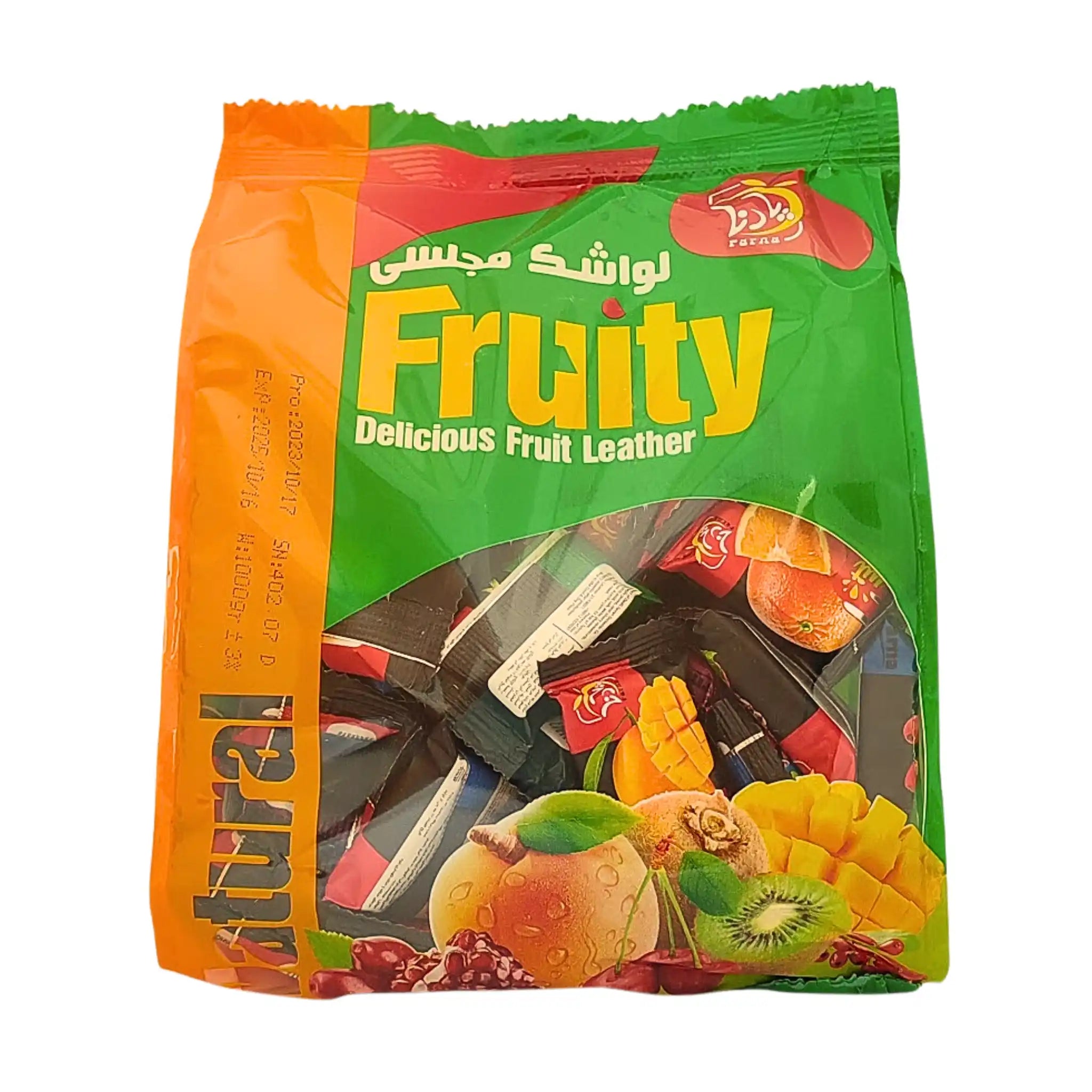 Fruktläder mix, 1 kg färgglad påse med exotiska fruktmotiv, orientaliskt godis