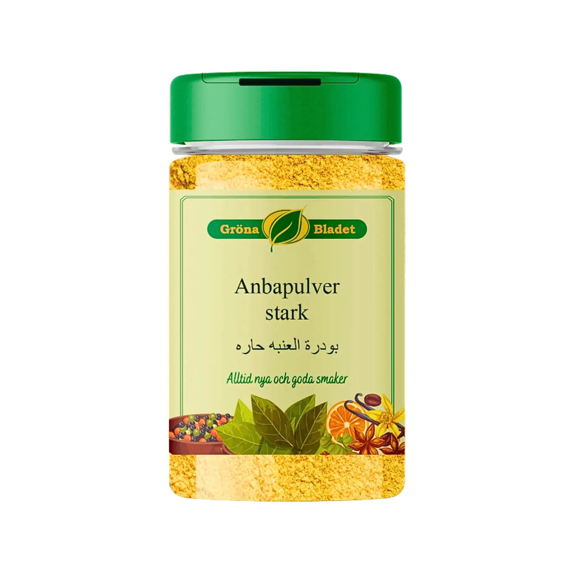 Anbapulver stark 180g kryddburk med gul etikett och grön lock, orientaliskt krydda.