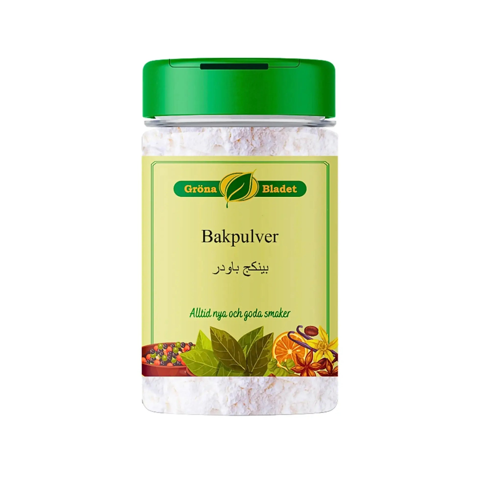 Bakpulver i plastburk med grönt lock och orientalisk design på etiketten