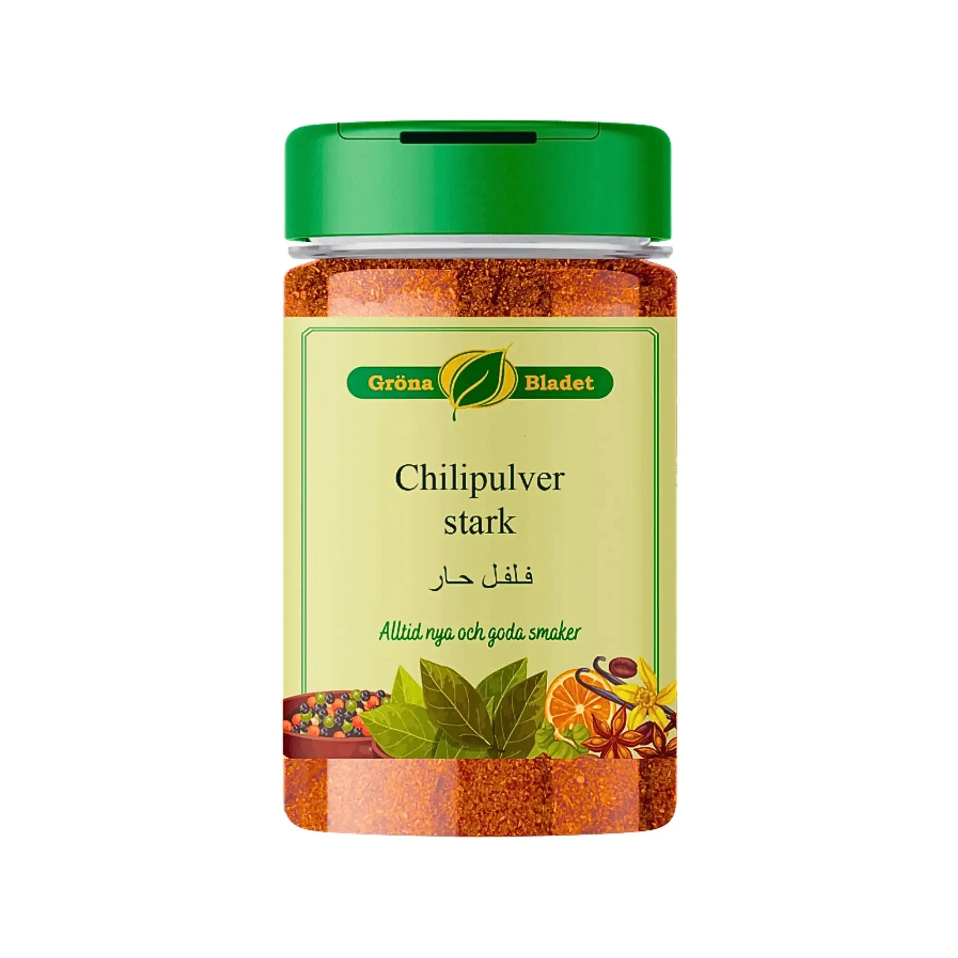 Gröna Bladet starkt chilipulver 100g kryddburk med grön lock och kryddor på etiketten