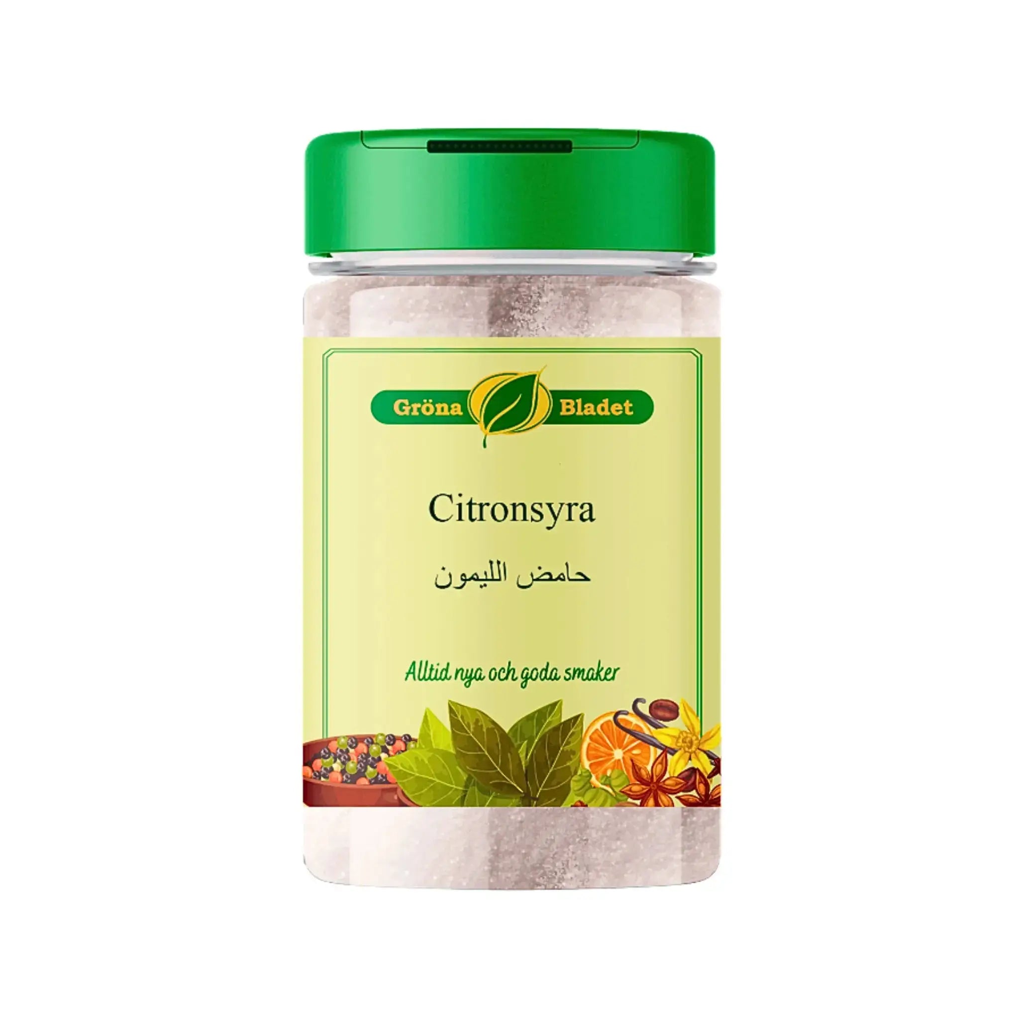 Burk med citronsyra från Gröna Bladet, grön lock, kryddor och citrusmotiv på etiketten.