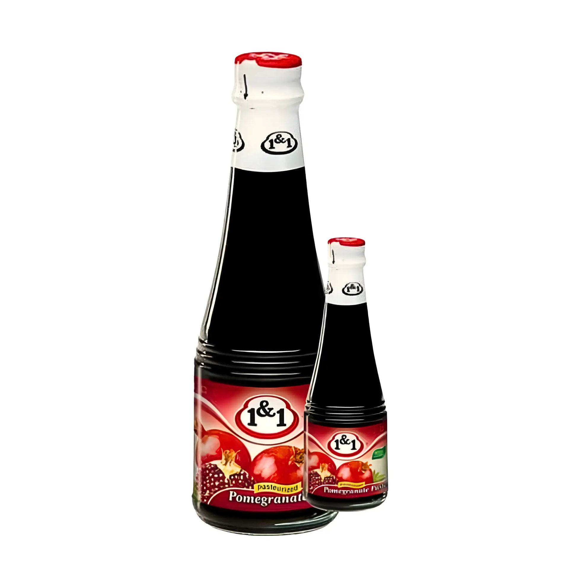 Två flaskor granatäppelsirap, mörk vätska med röd och vit etikett, orientaliska smaker.