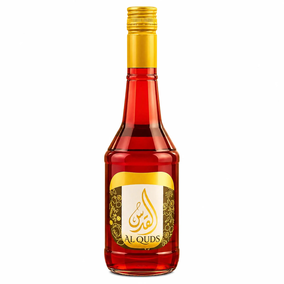 Flaska granatäpplekoncentrat Al Quds med guldkork och röd vätska, 600 ml