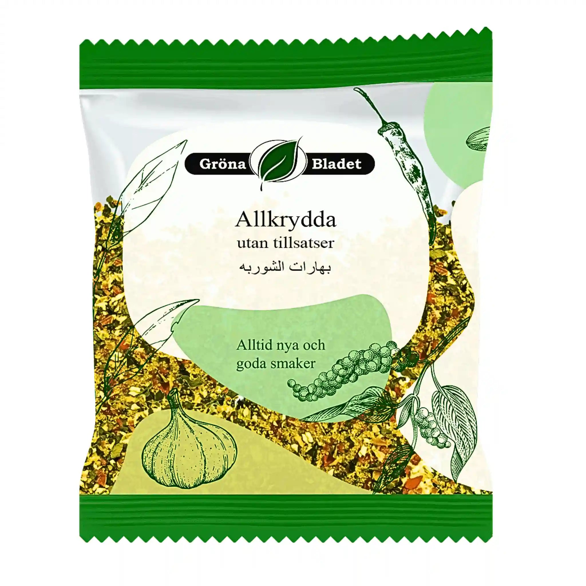 Förpackning med Gröna Bladet allkrydda 70g, utan tillsatser, med örter och kryddor illustrerade.