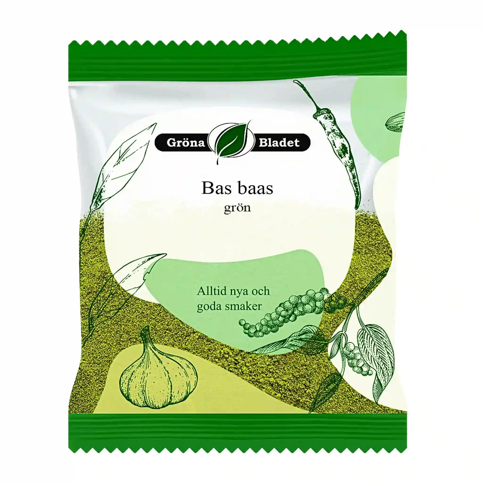Gröna Bladet Bas baas grön kryddmix påse med illustrationer av vitlök och kryddor