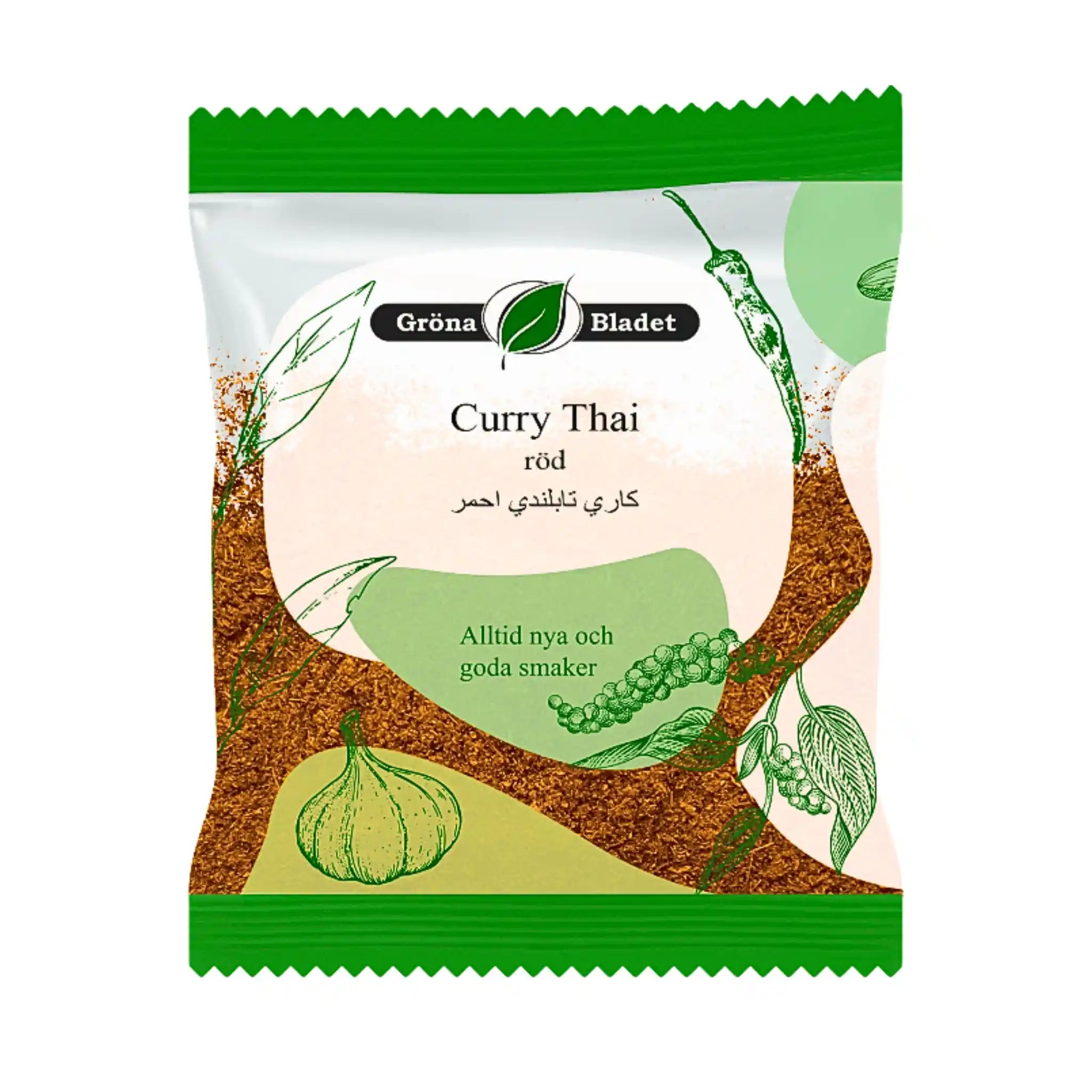 Påse med röd thai curry, tydlig text och gröna kryddillustrationer på vit bakgrund.