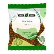Gröna Bladet Five Spices kryddmix 40g i förpackning med grön illustration av vitlök och chili.