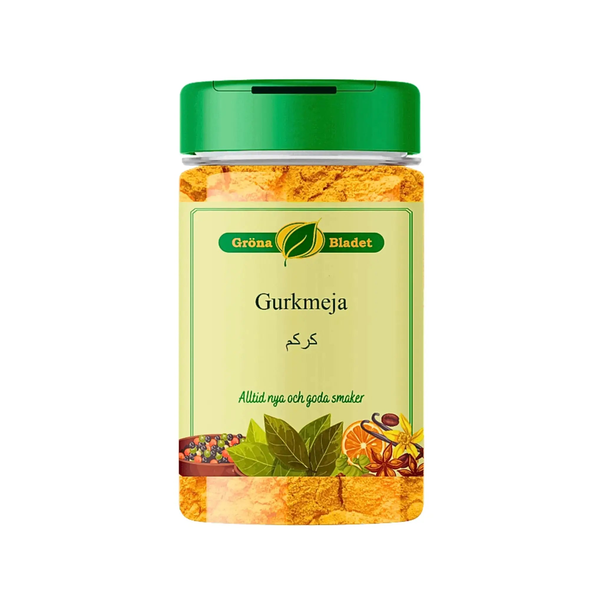 Burk med gurkmeja, grönt lock, etikett med illustrationer av kryddor, orientaliska smaker.
