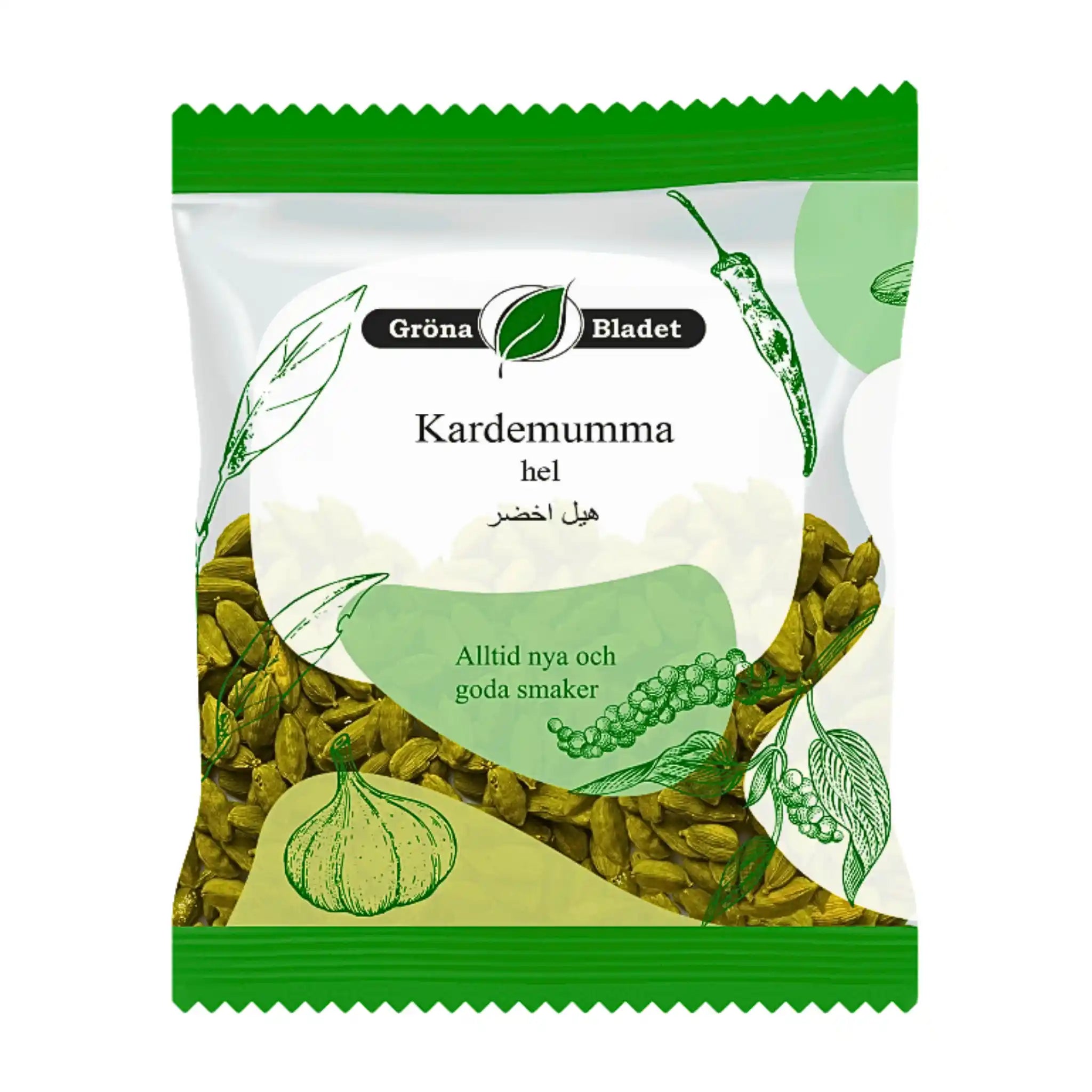 Förpackning med hel grön kardemumma, tydliga kryddillustrationer och transparent fönster.