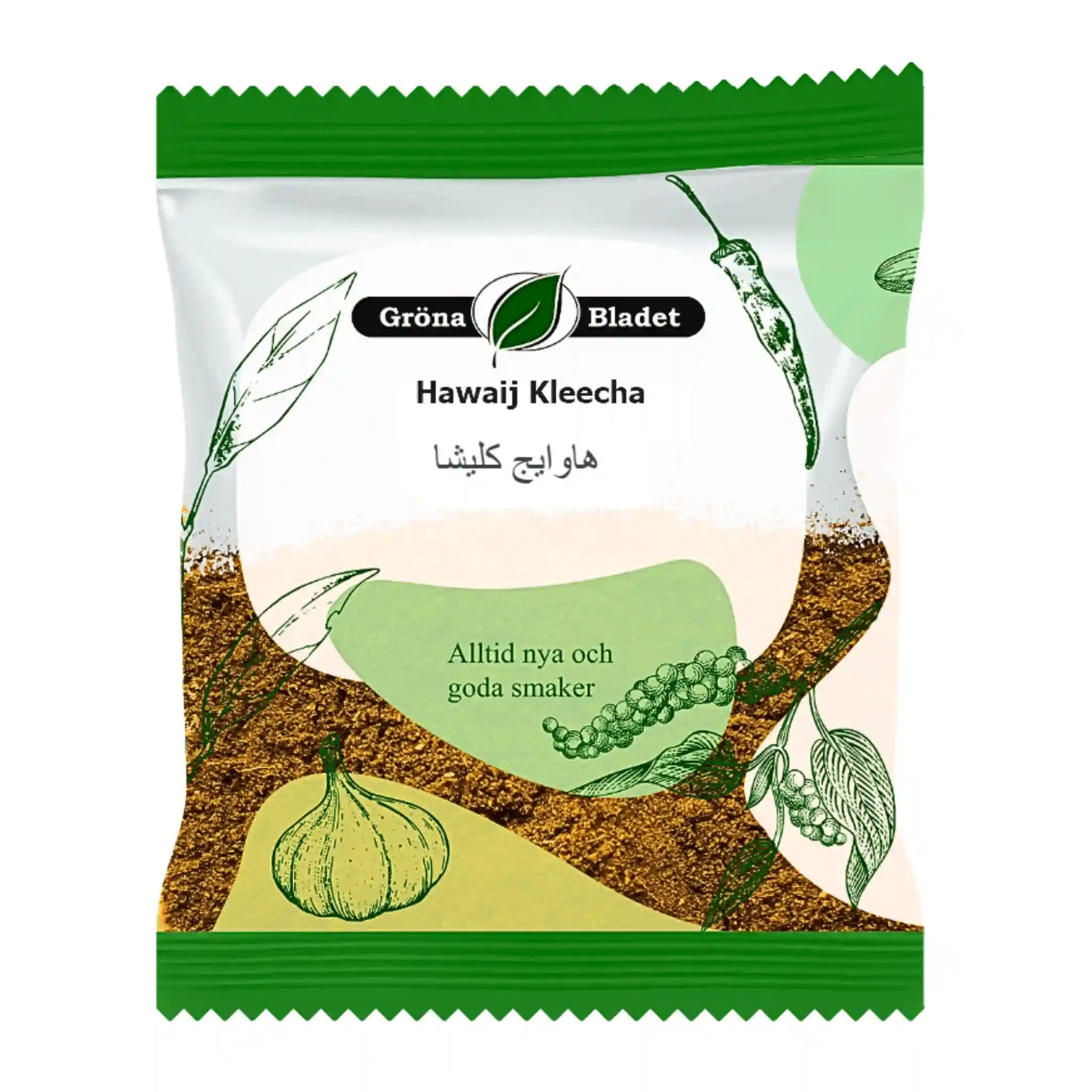 Påse med Hawaij Kleecha krydda 40g, med illustrerad vitlök, örter och grön dekor.