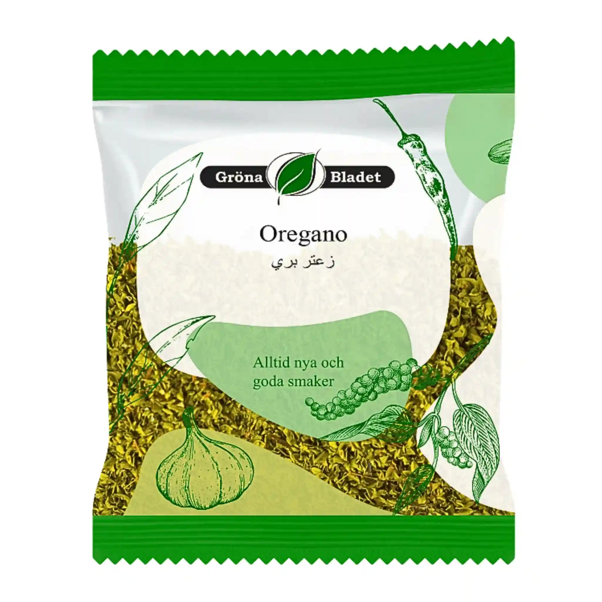 Förpackning med torkad oregano, gröna illustrationer av vitlök och kryddor på påsen.