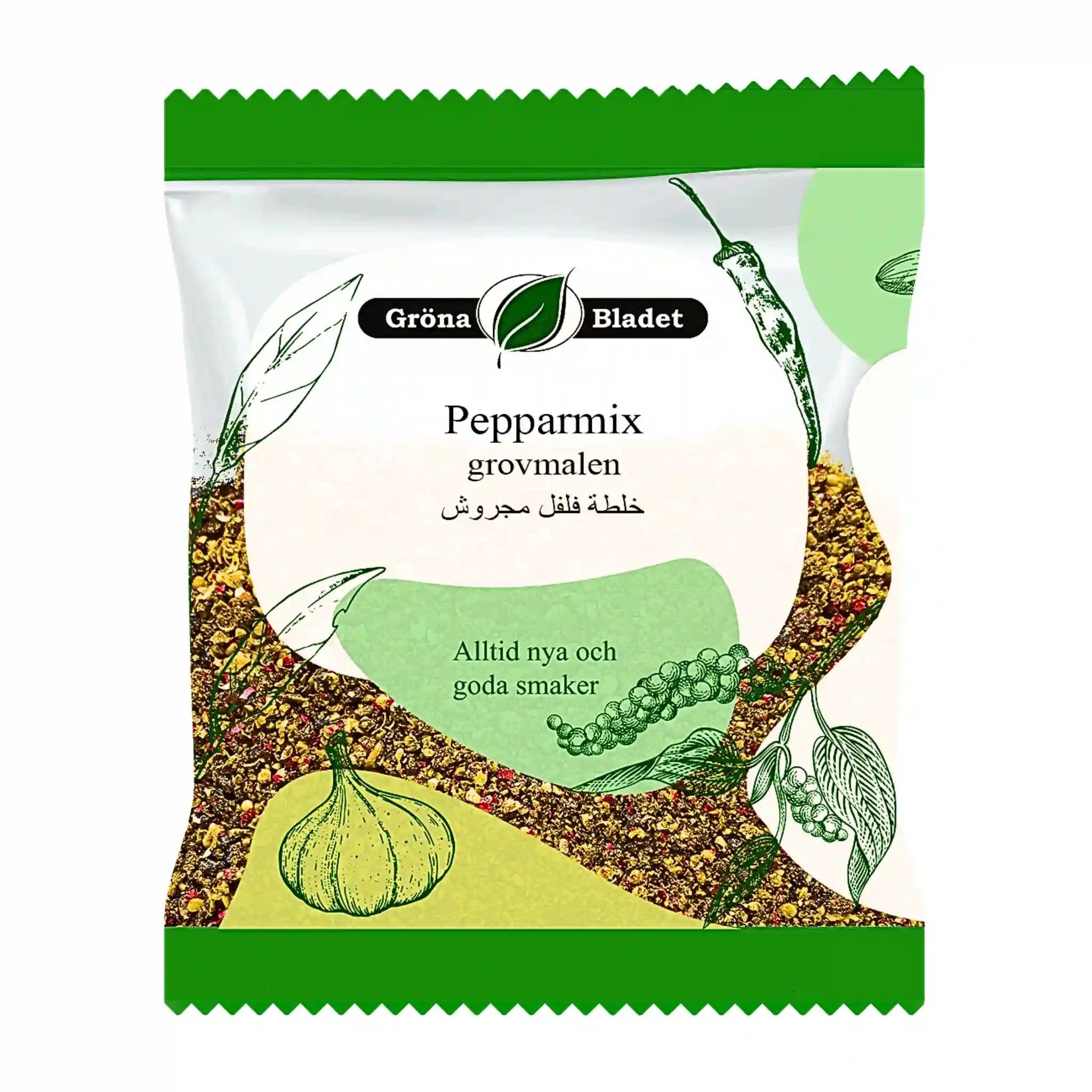 Påse med grovmalen pepparmix, tecknad vitlök, peppar och örter, orientaliska kryddor.