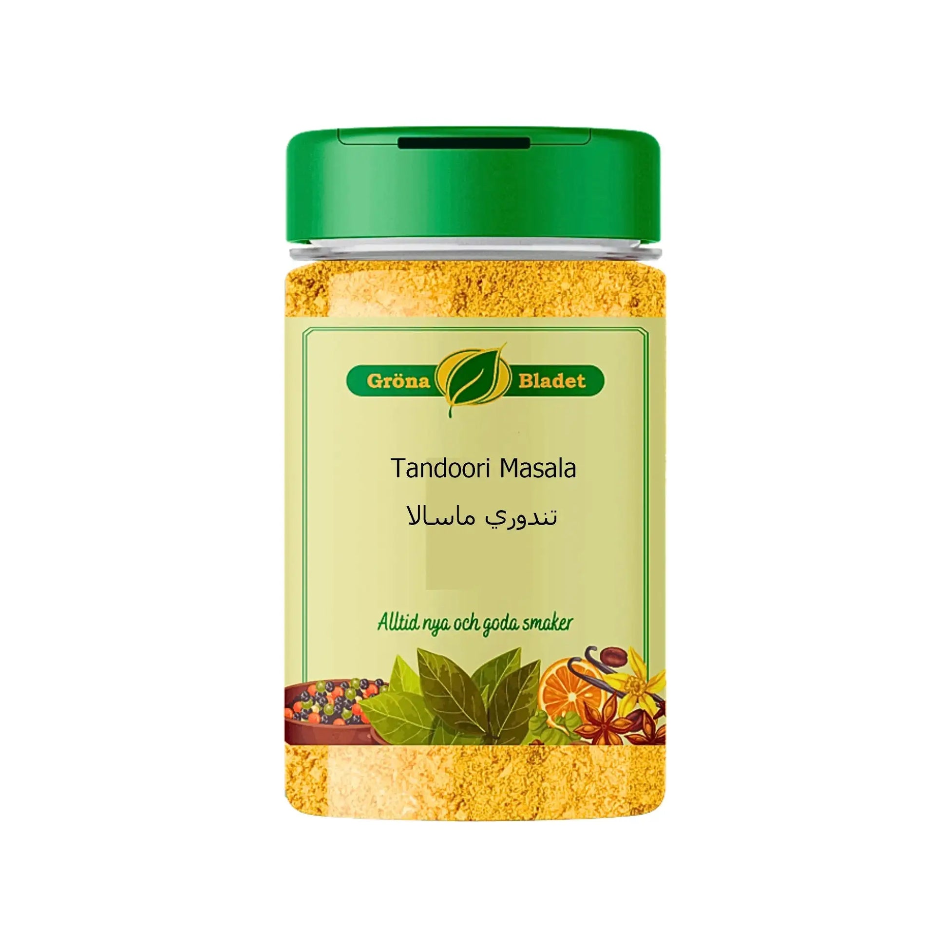 Gröna Bladet Tandoori Masala kryddburk 150g med grön lock och kryddor på etiketten