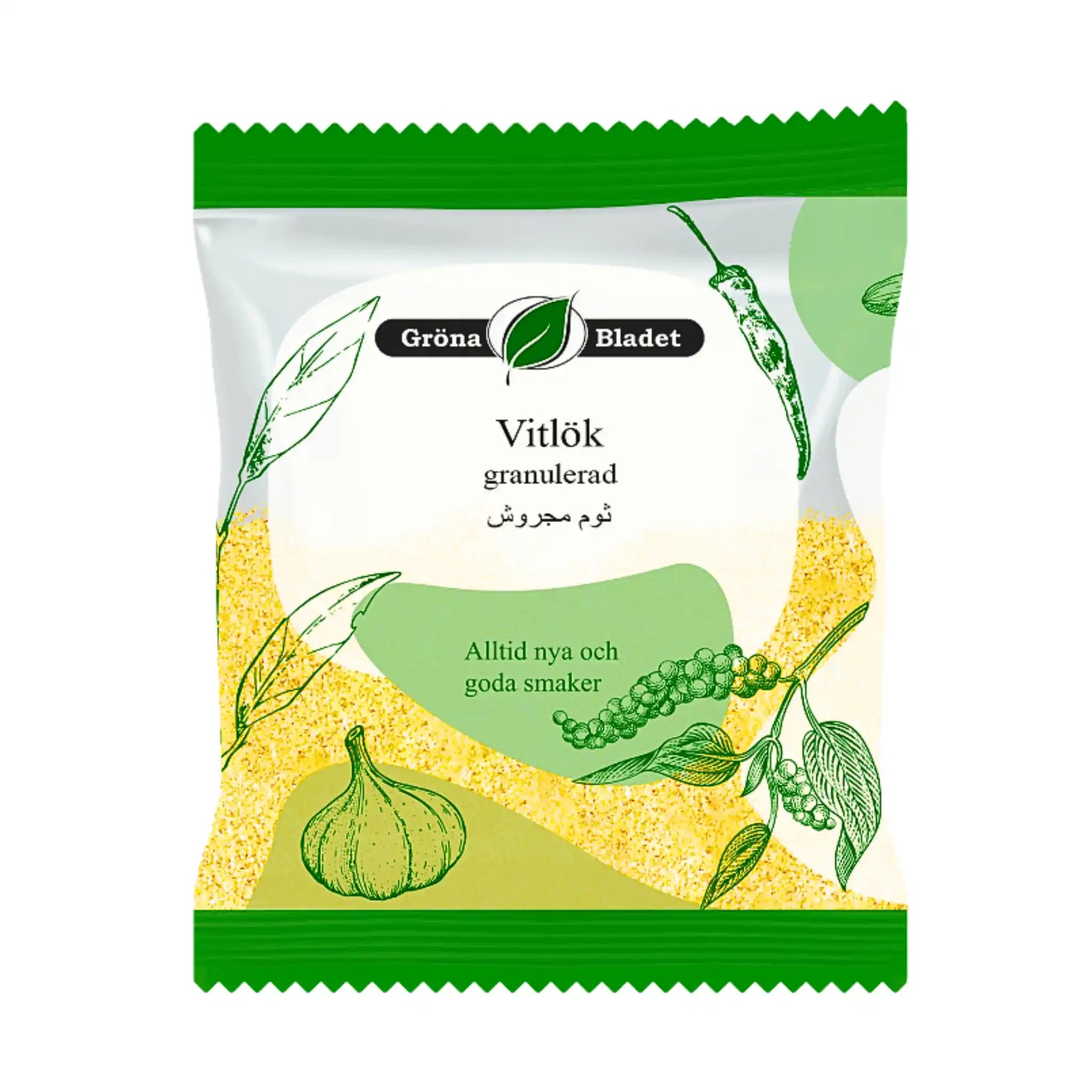 Påse med granulera vitlök, Grona Bladet, orientaliska kryddor, 40g, illustrerad design