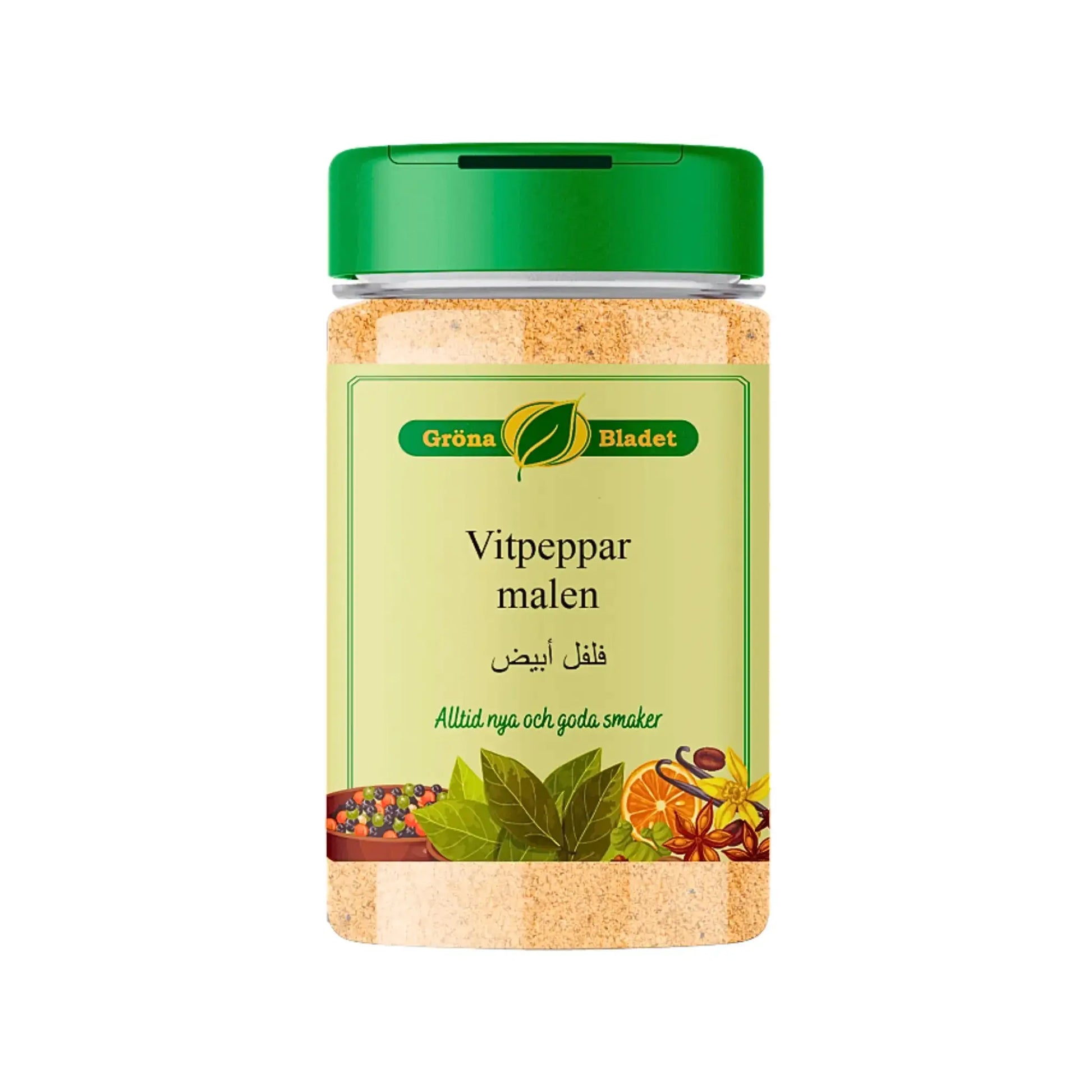 Gröna Bladet vitpeppar malen 140g kryddburk med grön lock och illustrerade kryddor på etiketten