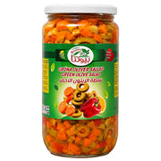 Glasburk med grön oliv- och grönsaksallad, 850 g, med grön etikett.