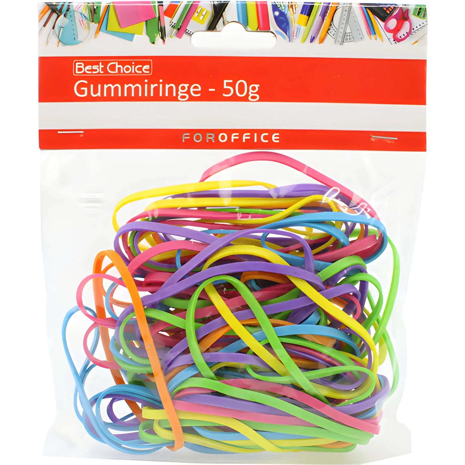 Flerfärgade gummiband i förpackning, 50g kontorstillbehör.