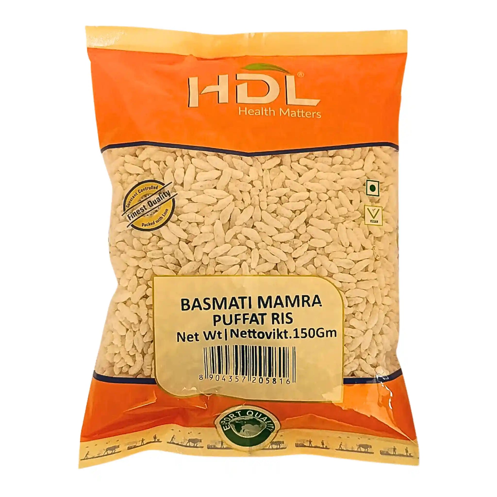 Förpackning med HDL Basmati Mamra puffat ris 150g, orientaliska kolonialvaror.