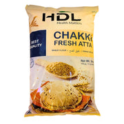 5 kg påse HDL chakki fresh atta, vetemjöl till chapati, med bild på bröd och vetekorn