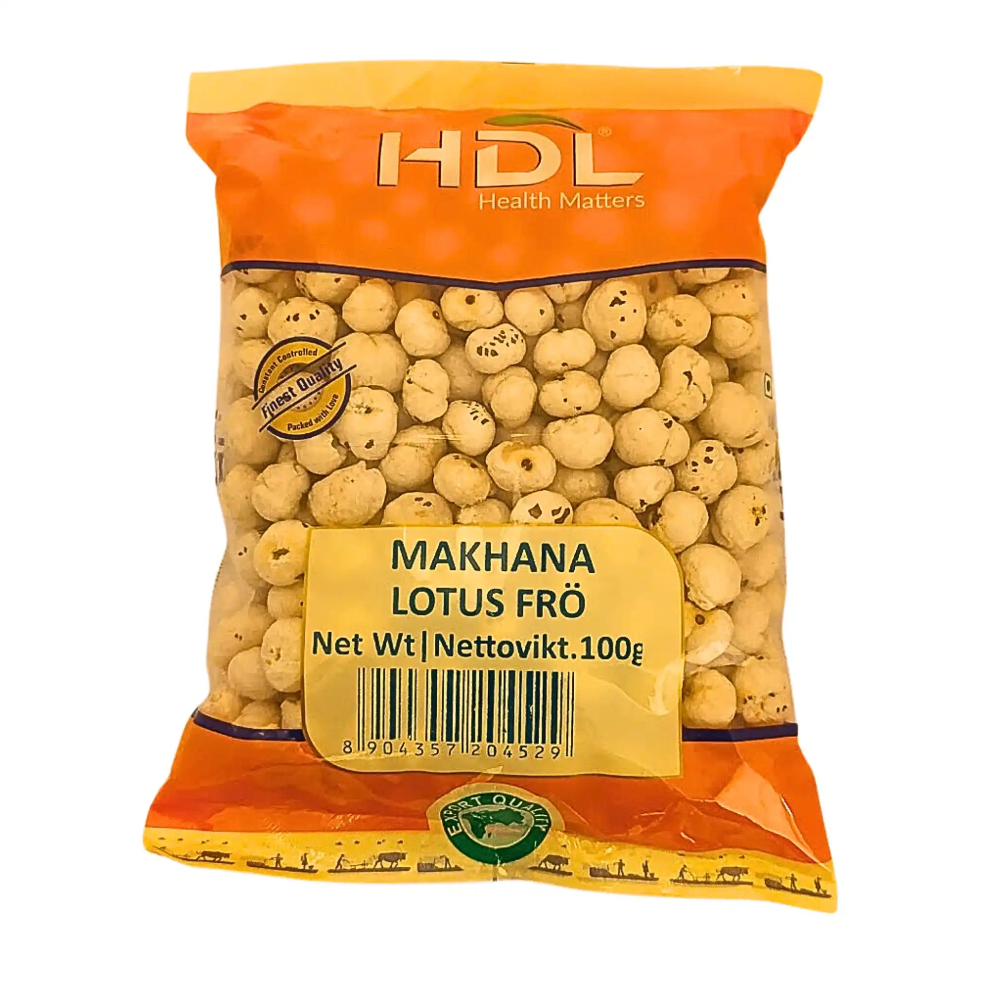 Förpackning med HDL makhana lotusfrö 100g, orientaliskt snacks, tydlig etikett.
