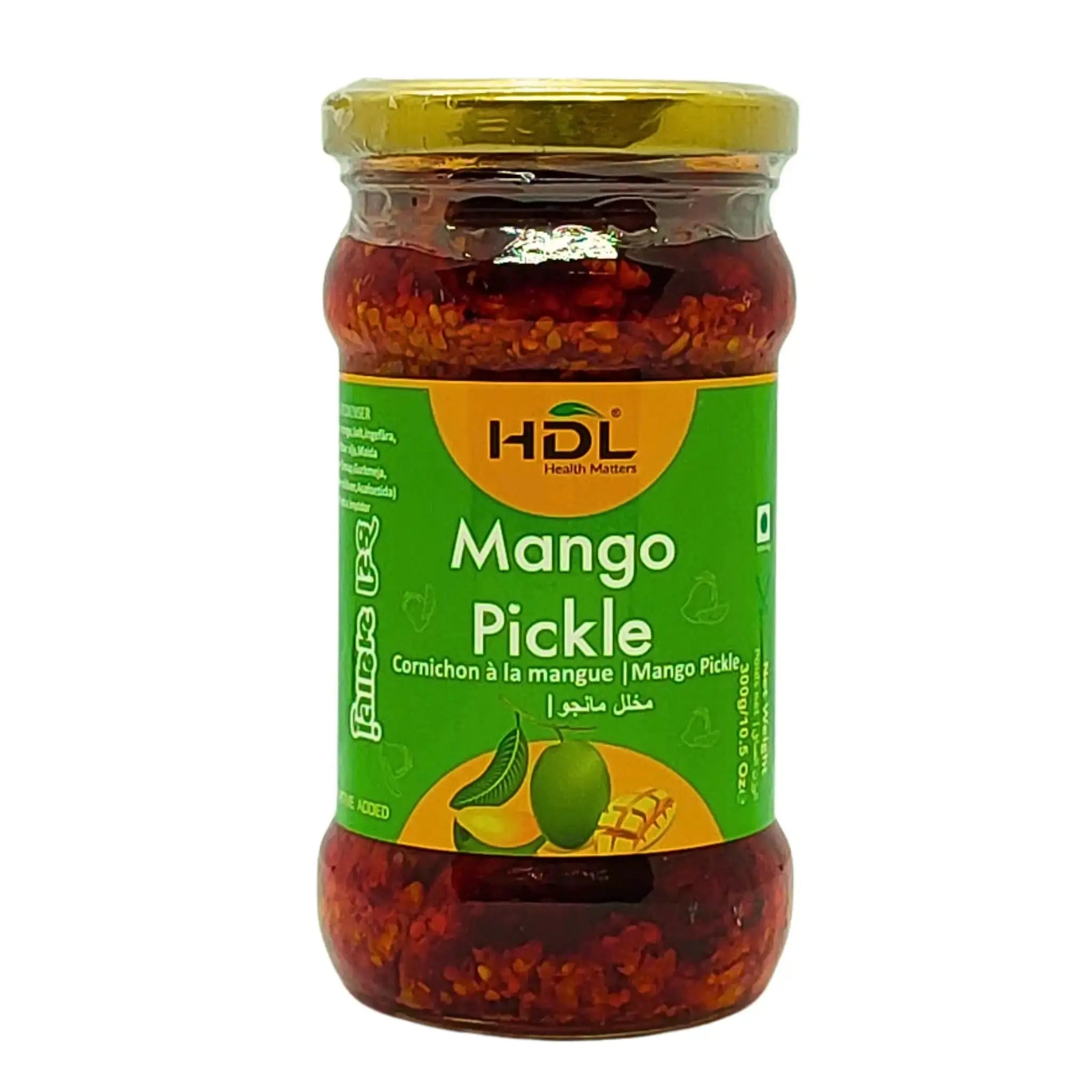 Glasburk med HDL Mango Pickle, orientaliskt mangopickle, grön etikett, gul lock