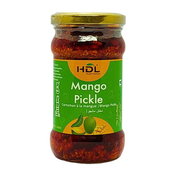 Glasburk med HDL Mango Pickle, orientaliskt mangopickle, grön etikett, gul lock