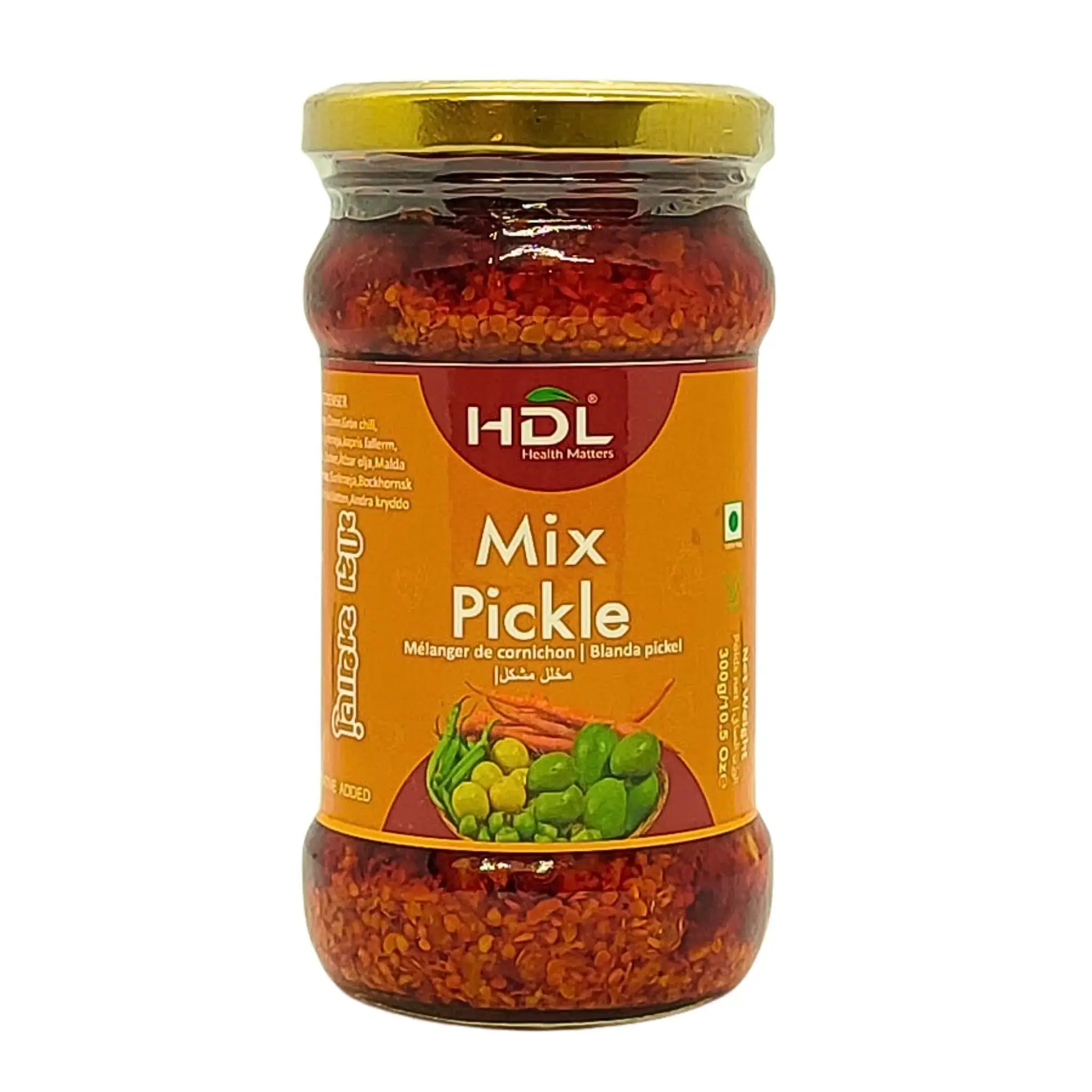 Glasburk med HDL Mix Pickle, indisk blandad inläggning, stark och kryddig, 300g