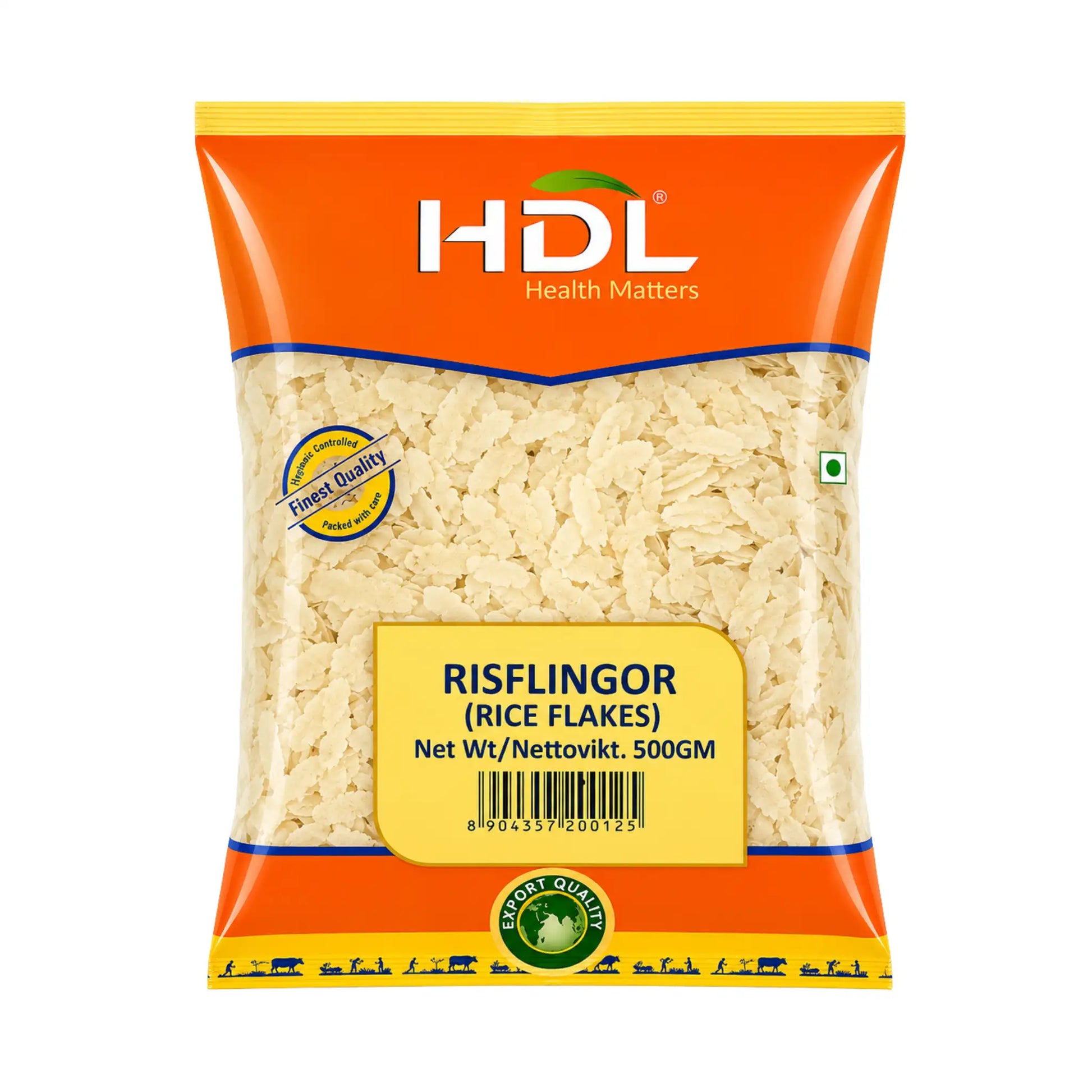 HDL risflingor (risflakes) 500 g i orange påse med etikett och flingor