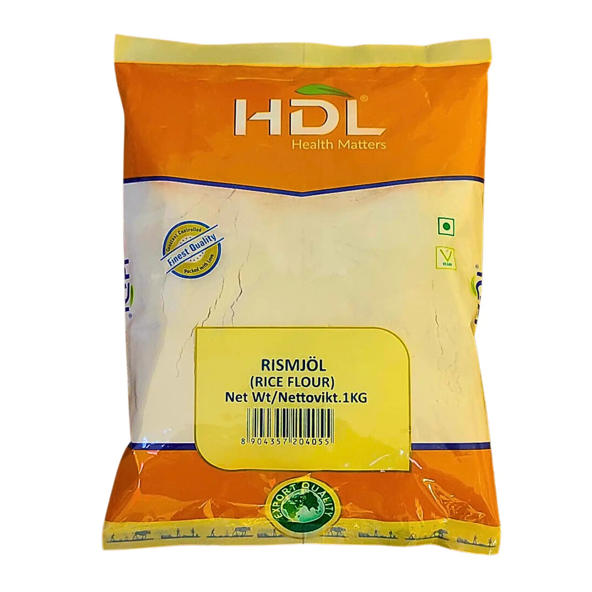 Påse HDL ris­mjöl 1 kg, orange och gul förpackning, exportkvalitet, orientaliskt livsmedel.