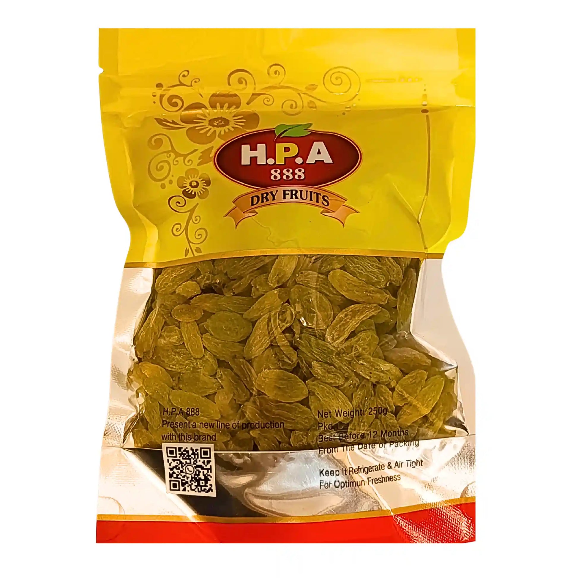 Gröna russin 250g i genomskinlig och gul förpackning från H.P.A, orientaliska torkade frukter.