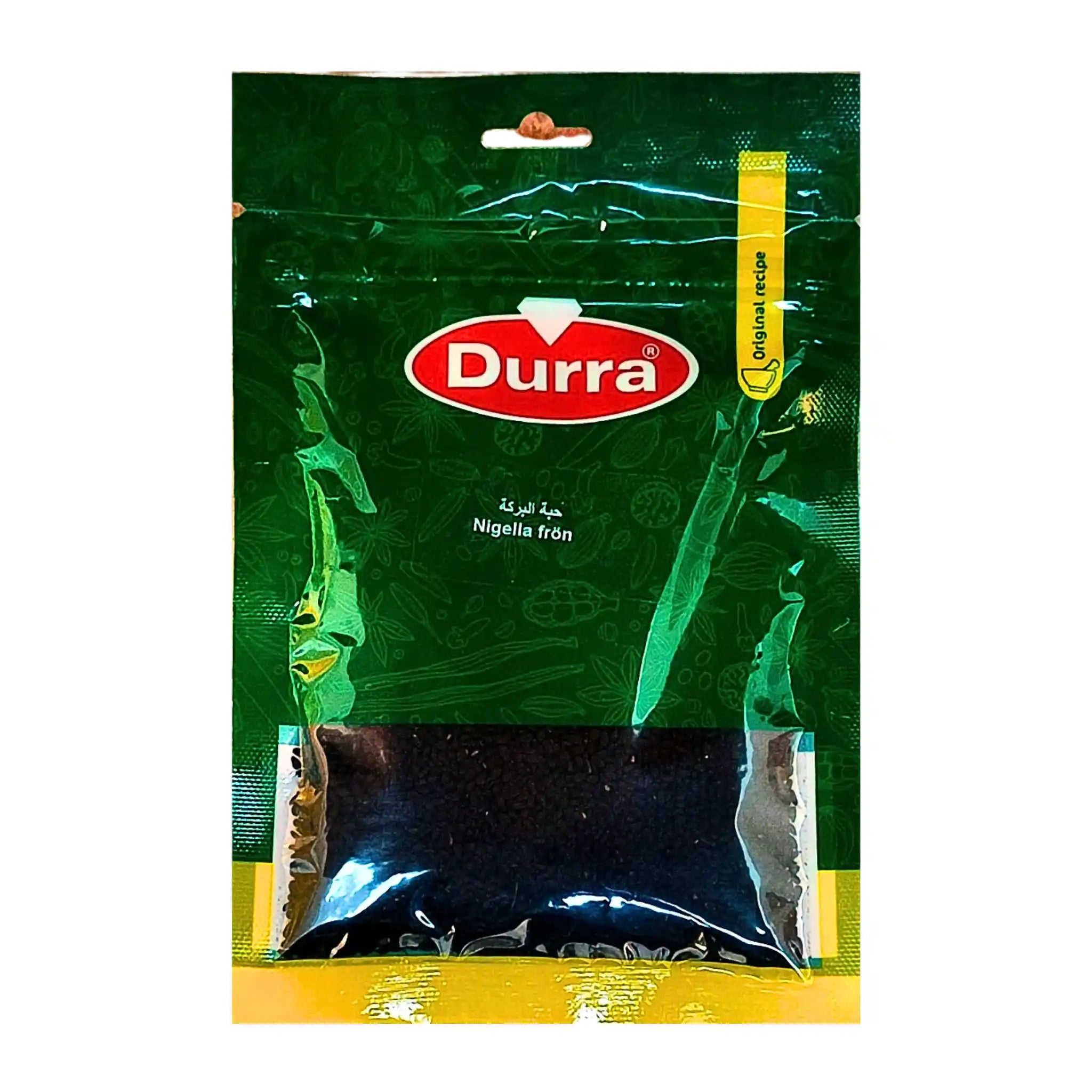 Grön Durra-förpackning med svarta nigellafrön 50g, orientaliska kryddor.