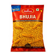 Haldiram’s bhujia påse 200 g, röd/orange med “BHUJIA”-text