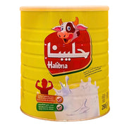 Halibna mjölkpulver 2500g i gul burk med koillustration och utspilld mjölk på etiketten.