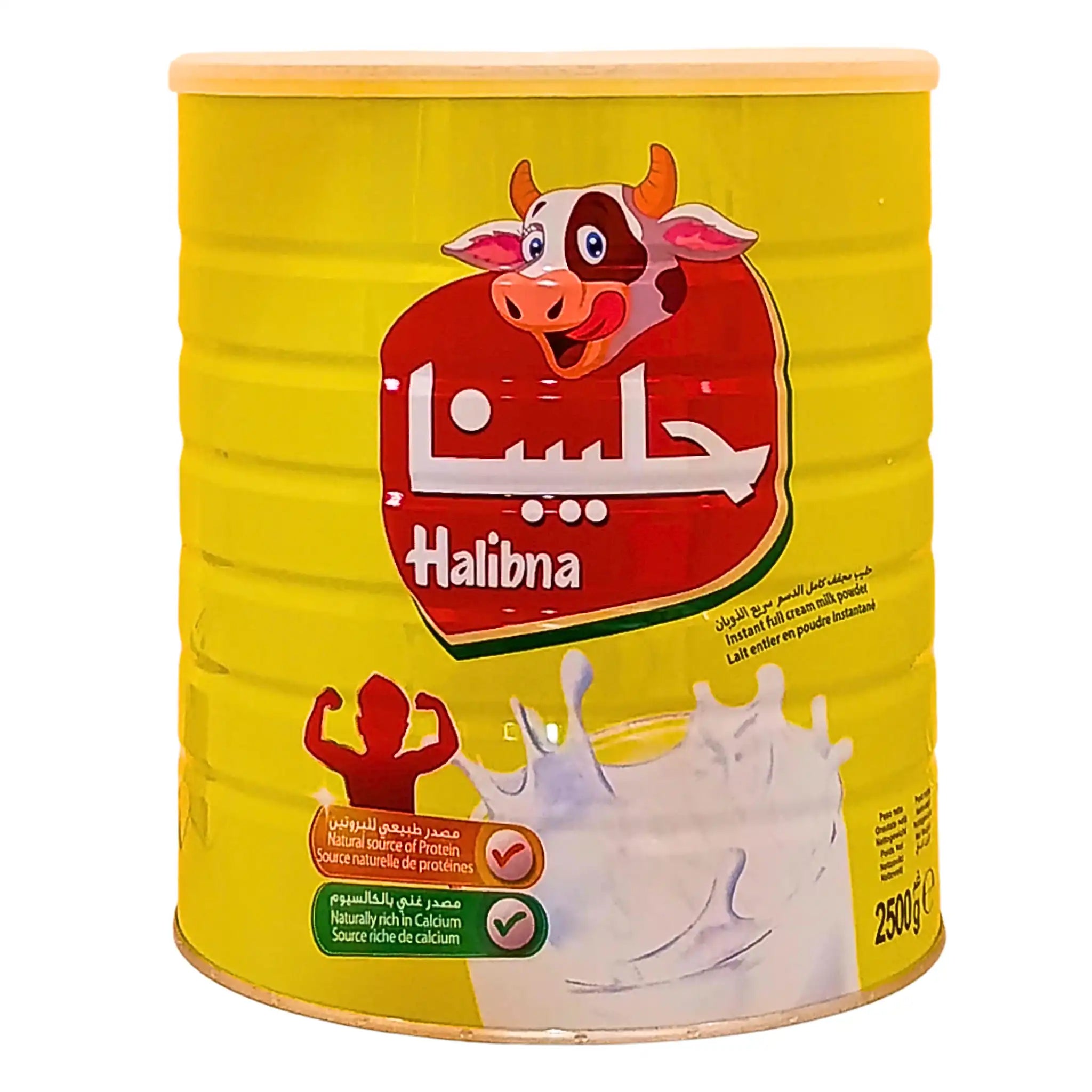 Halibna mjölkpulver 2500g i gul burk med koillustration och utspilld mjölk på etiketten.