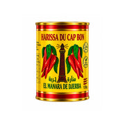 Harissa-pasta i gul–röd plåtburk med chili och 135 g etikett