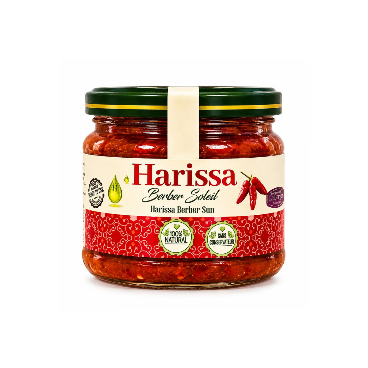 Harissa Berber Soleil chilikräm i glasburk med gröngul lockring och röd etikett