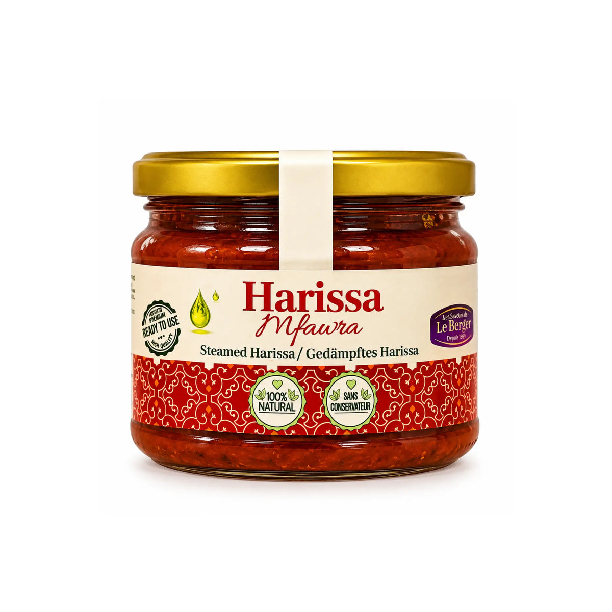 Ångkokt harissa i glasburk med gul lock