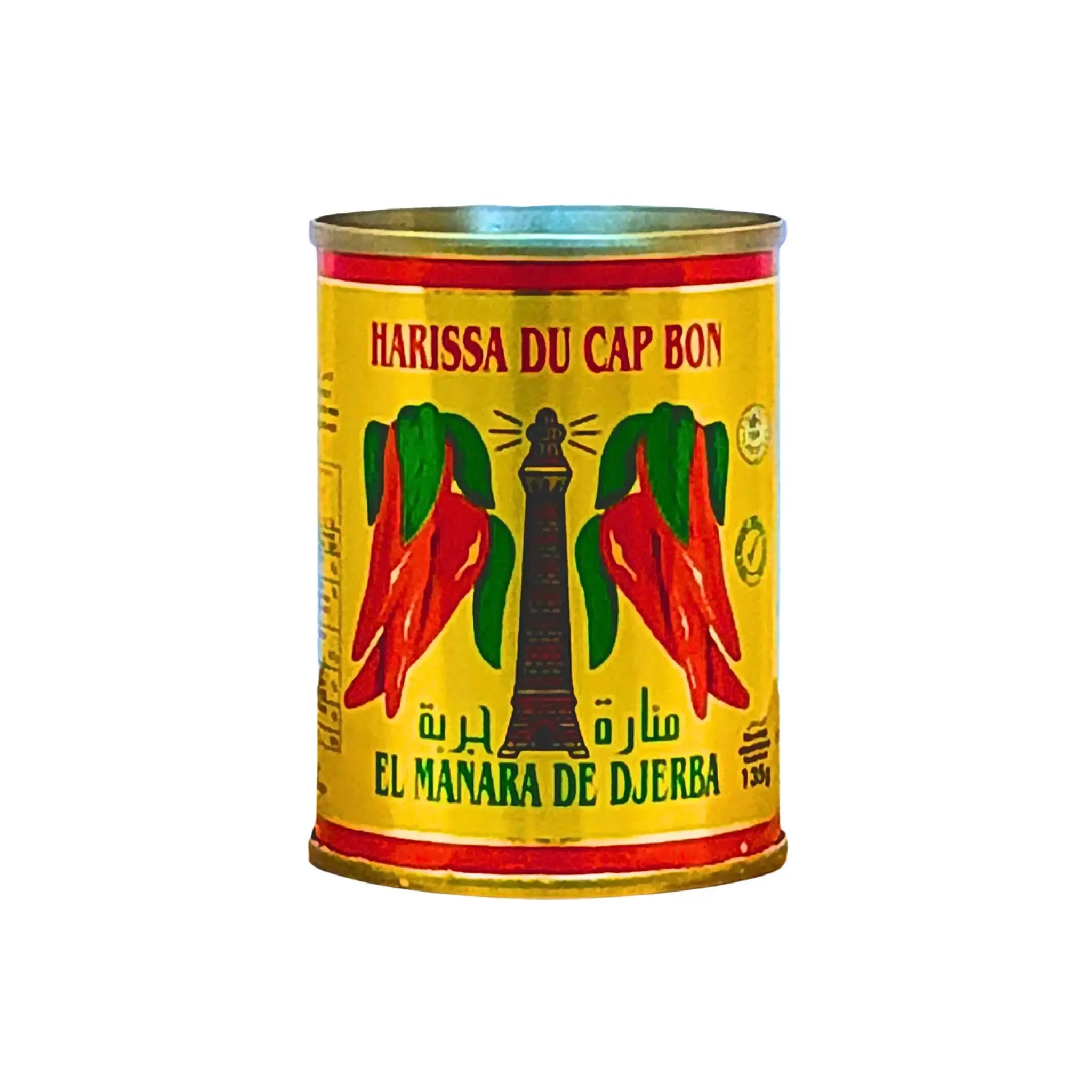 Gul burk med Harissa du Cap Bon, röda chilipeppar och fyrtorn på etiketten.